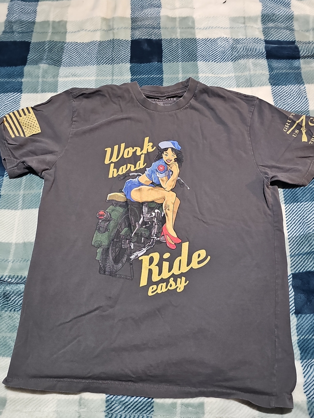 Grunt Style Gray Work Hard Ride Easy Pin-Up Motorcycle Tee